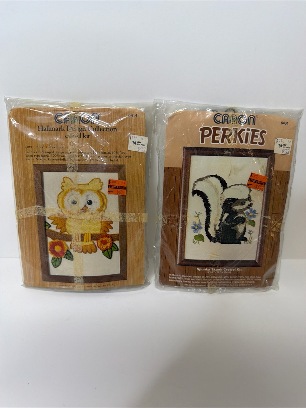 NOS Caron Hallmark Design Collection Crewel Kit #6414 Owl And #6434 Skunk 5x7”